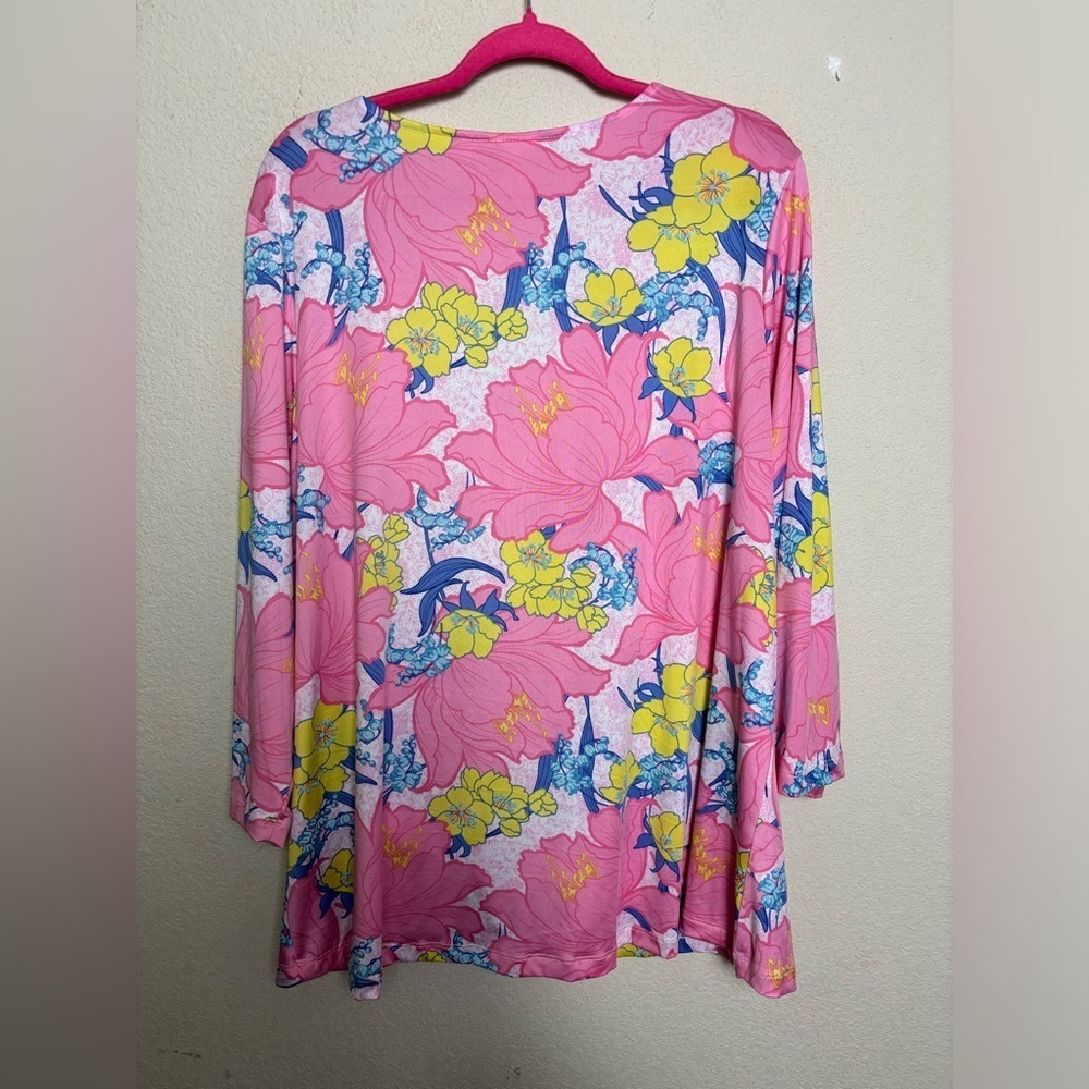 Ruby Rd Pink & White Tropical Flora Puff Print Knot Front 3/4 Sleeve Knit Top 2X - Picture 7 of 9